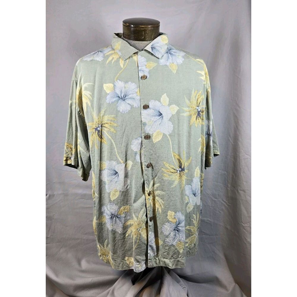 Tommy Bahama‎ Silk Hawaiian Shirt Mens XL Sage Green Floral Print Tropical Beach